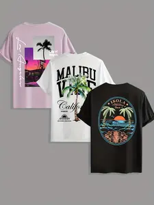 3-Pack Plus Size Men's California Beach Print T-Shirt Set, Summer Street Style, Three Colors, Los Angeles/malibu Palm Tree Print, Casual Vacation Top