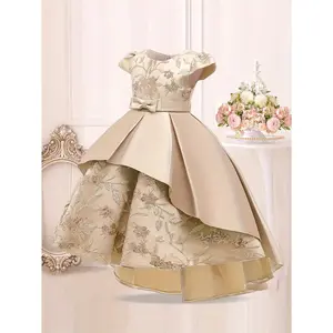 Elegant Girls' Sleeveless Gown with Bow - Beige Floral Party Dress Weddings, Birthdays & Formal Events, Dresses Girls