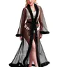 Women Long Kimono Robe Plus Size Mesh Fur Robe Lingerie Feather Bridal Loungewear Nightwear Gowns Robe