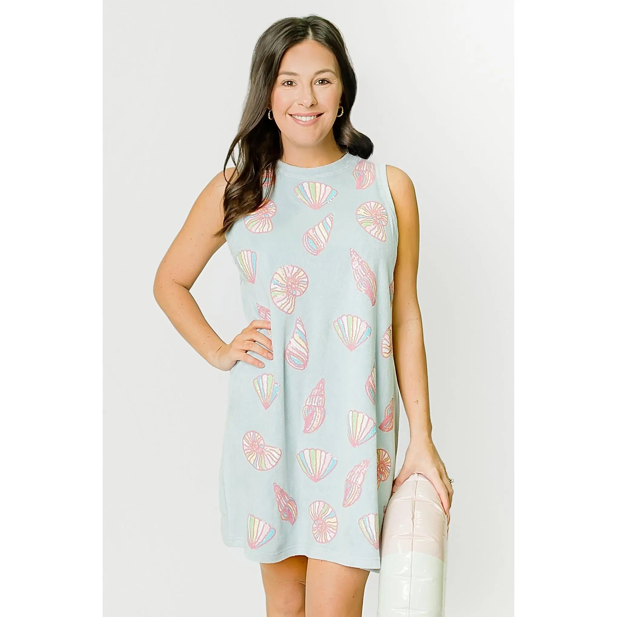 Terrycloth Mini Dress with Sequin Seashells – Light Blue