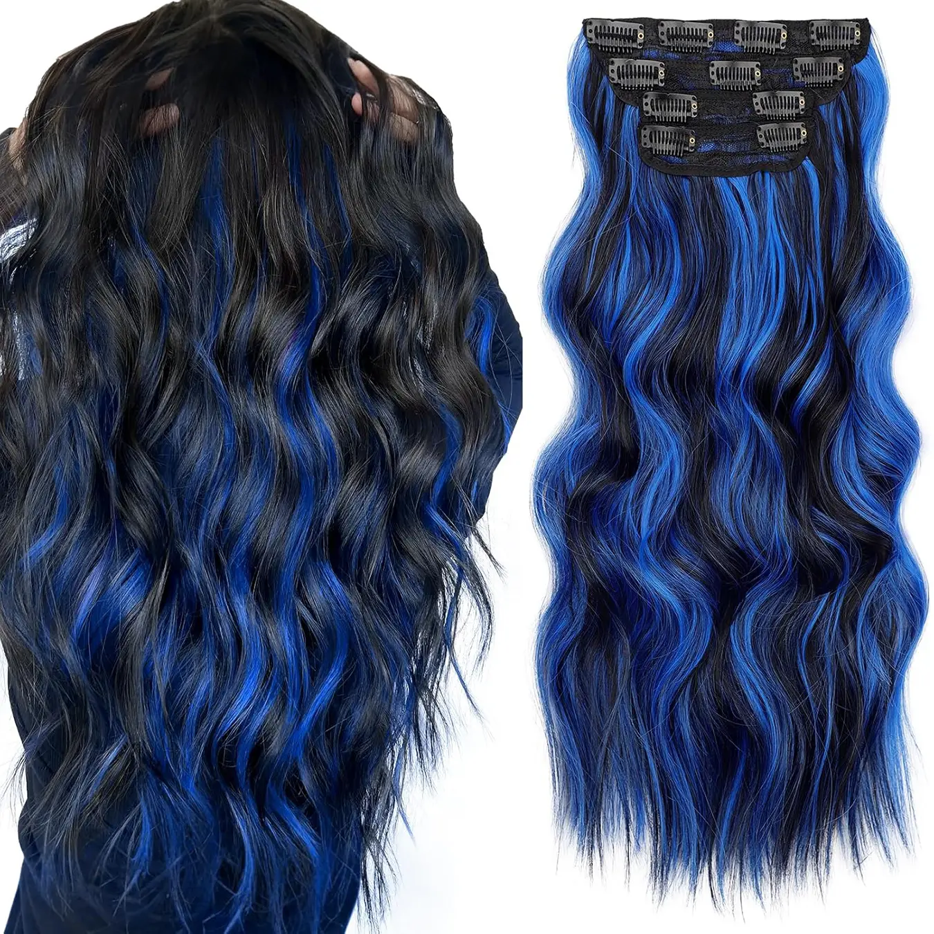ZIHAN 20 Inch Wavy Clip in Hair Extensions, Synthetic Double Weft Hairpieces for Women, Black with Blue Highlights, 4 Piece Set, Synthetic Hair Piece, Extensions Hair
