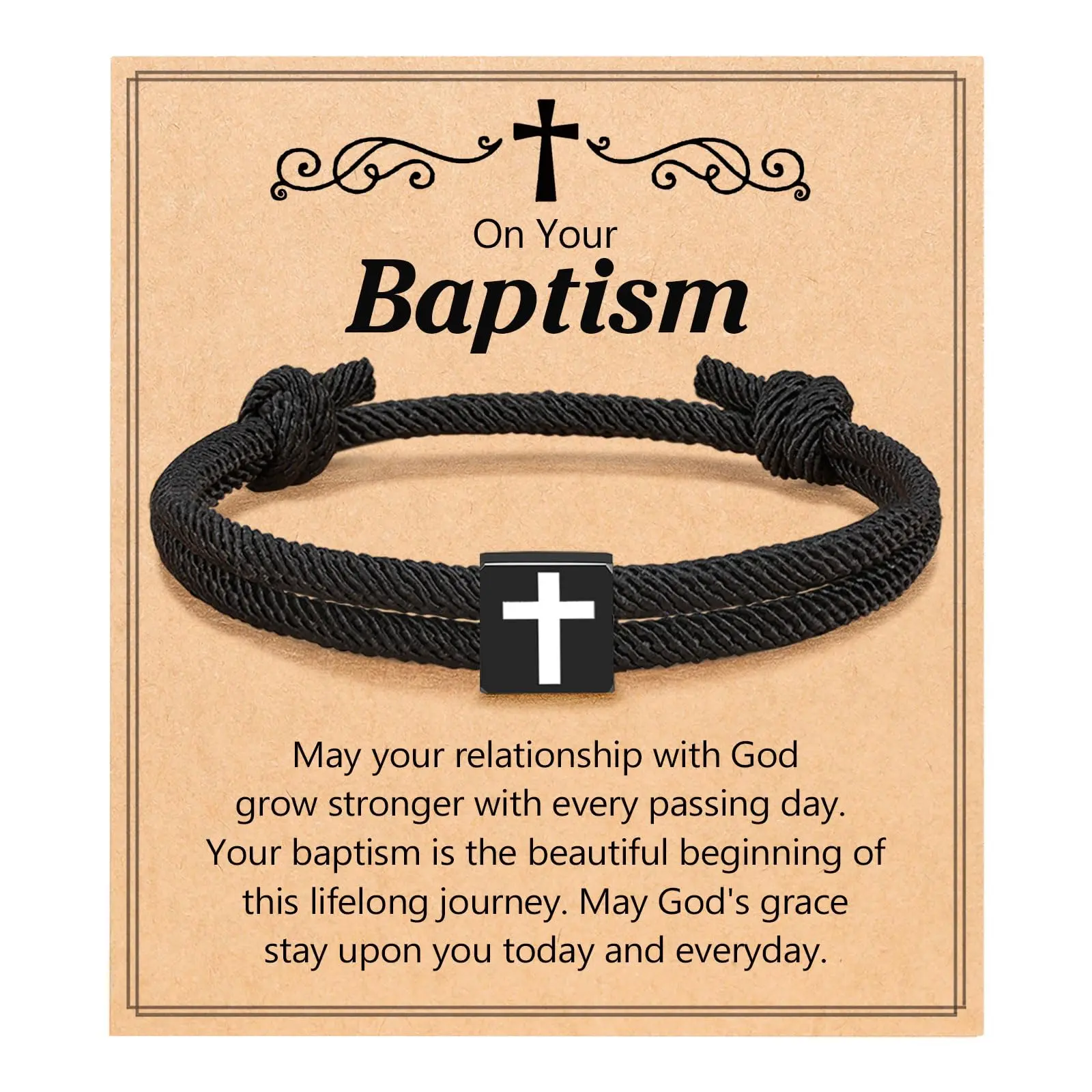 Youth Male Stainless Steel Classic Basic Bangle - Adjustable Up to 13 in, Handmade Braided Rope Cross Bracelet with Artificial Gemstone Charms, Strong Casual Catholic Baptism Gift for Grandson, Love-Themed All-Match Jewelry