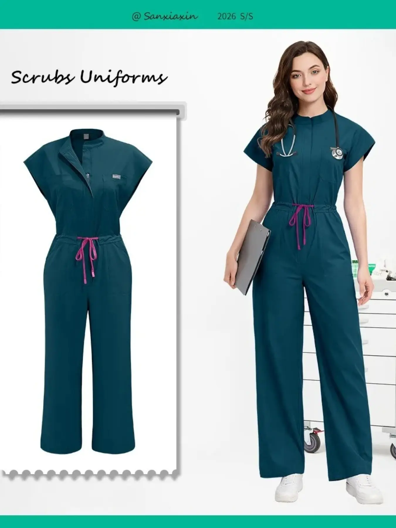 Fashion Elasticity Fitted Casual Vneck Shortsleeve Jumpsuit Scrubs | Solid Color Slim Fit Workwear for Veterinary Clinics, Pet Resorts, Luxury Spa Professionals, and Elderly Care Facility Teams, Womenswear