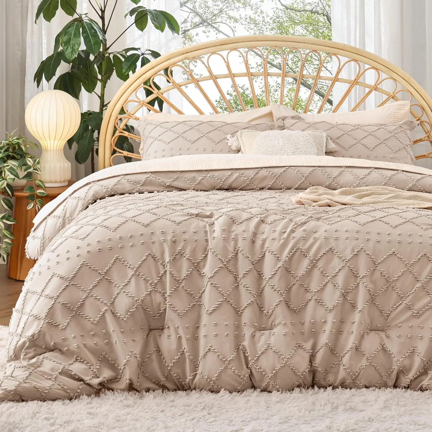 California King Comforter - Warm Tan Comforter, Boho Tufted for, 3 Vintage Farmhouse for Seasons, Fluffy with 2 Pillow Shams