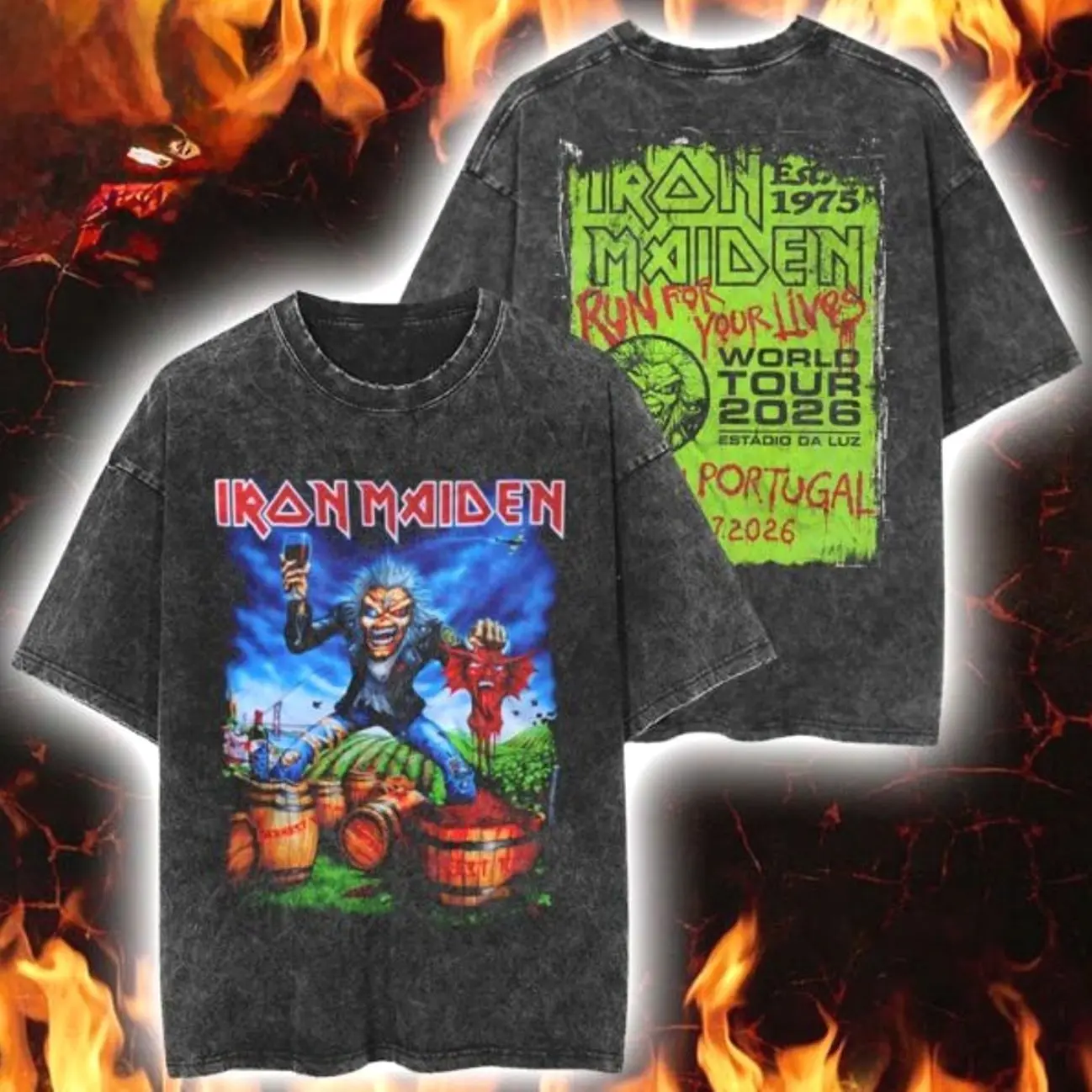 Iron Maiden Lisbon Portugal 2026 Tour Exclusive Event Tee At Estadio Da Luz On 7 July 2026 Eddie The Winemaker Vintage Washed Tee 8GU
