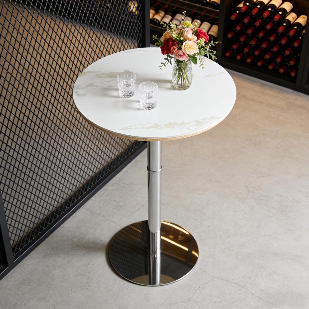 Adjustable Bar Height Set, Round White Marble Pub Table with Gold Chrome Leg & 2 Black Padded PU Leather Bar Stools with Swivel Function, Bistro Set for Small Spaces