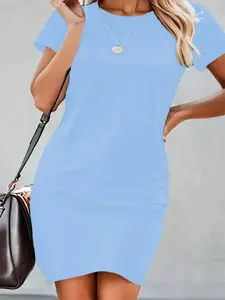 [Plus Size] Solid Round Neck Dress, Basic Casual Short Sleeve Crew Neck Short Dress for Summer, Women's Plus Clothing for Daily Wear, Minimalist