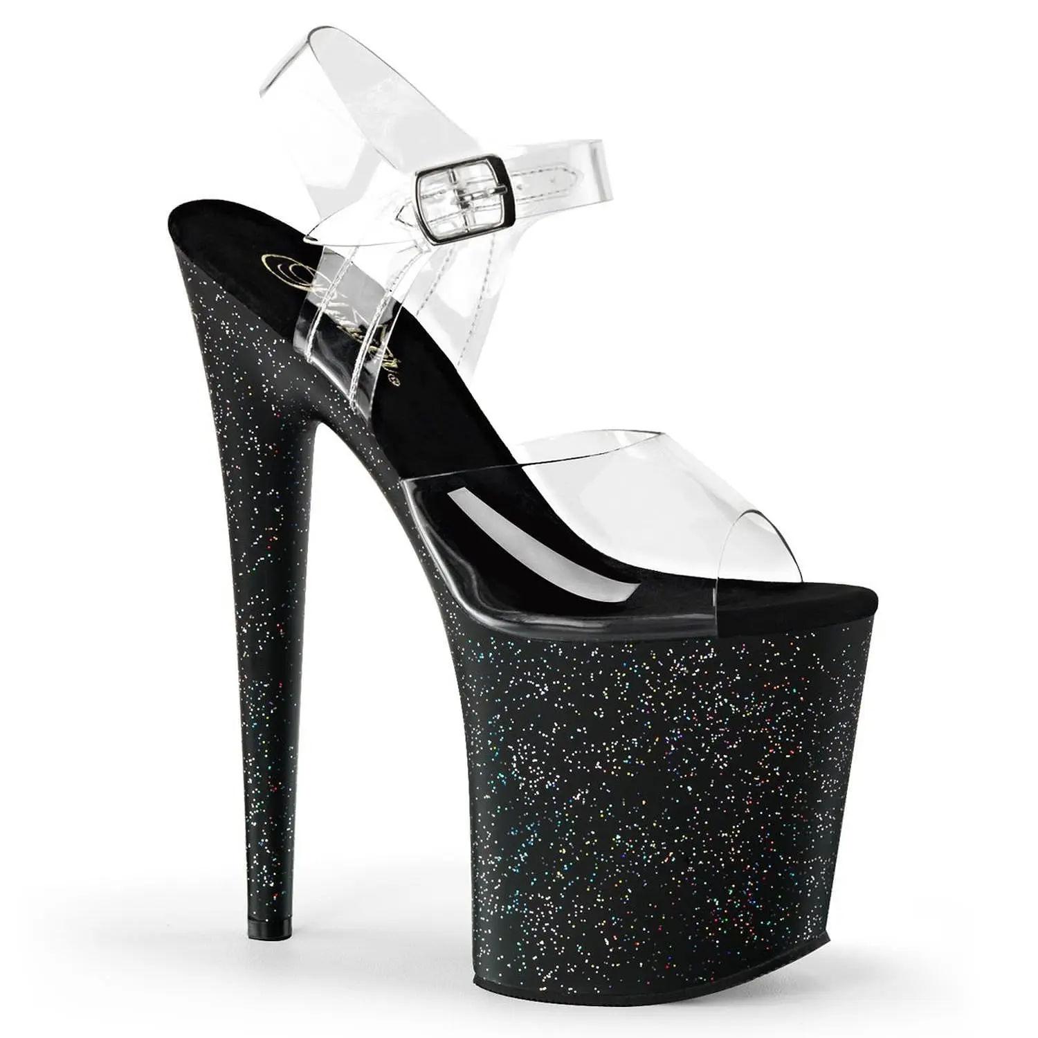 Women's 8-Inch Heeled Footwear, FLAMINGO-808MG Black Glitter High Heels with Platform