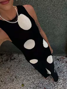 Elegant Women's Sleeveless Polka Dot Knit Dress, Long Slim-Fitting Sweater Gown, Fashionable Design, Perfect for Casual Wear