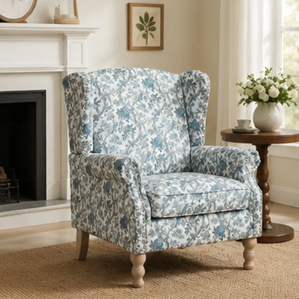 Modern Accent Chair with Retro Wood Legs Comfy Upholstered Armchair Floral Design Single Sofa Chair for Living Room Bedroom Office Blue Bird Multiple Color Options, Living Room Furniture for Apartment, Lounge, Family Room, Sofa Couch Seating