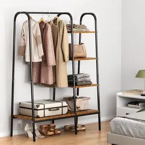 Free-Standing Garment Clothing Racks, Home Metal Clothing Rack with 4-Tier Storage Shelves and Hanging Rod Closet Storage Organizer Clothing Rack for Bedroom Living Room Entryway,Retro Hangable Adjustable