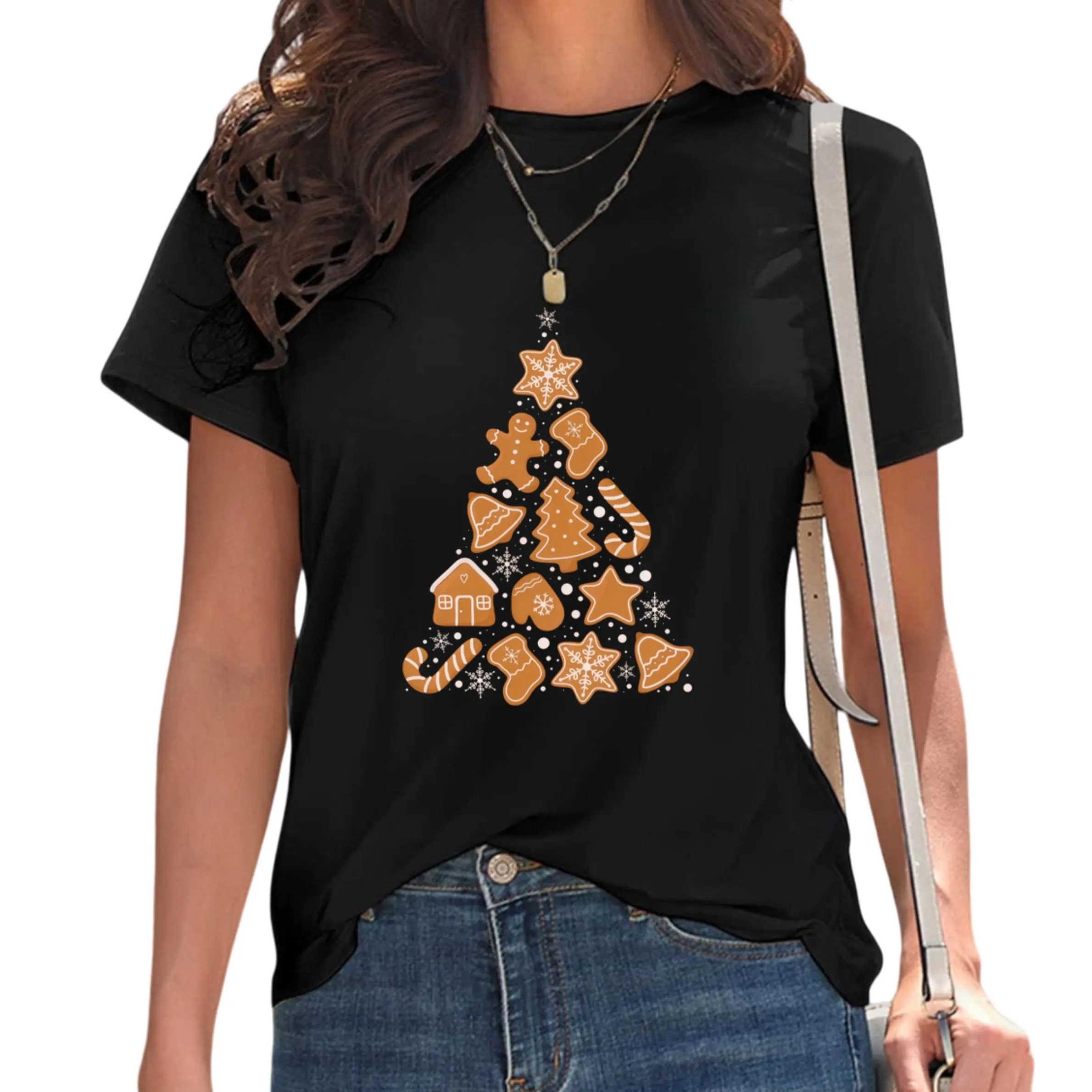 [Gingerbread Christmas T-Shirt] Women's Cute Gingerbread Man Christmas Tree Pattern Printed Short-Sleeve T-Shirt - Casual Round-Neck Top for Autumn, Summer, And Spring - Perfect for Everyday And Holiday Wear