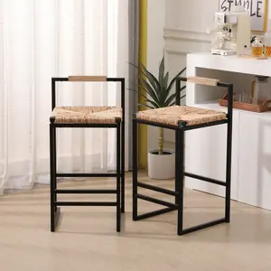 Set of 2 Comfy Aesthetic Water Hyacinth Woven Bar Stools with Back Support Counter Height Dining Chairs for Kitchen, Home, Office barstools