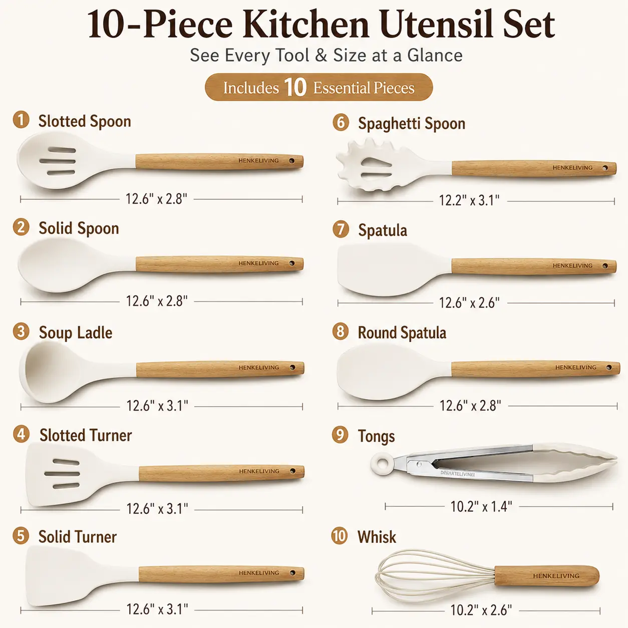HENKELIVING 10 Pcs Silicone Cooking Utensils Set - BPA Free, Heat-Resistant Wood Handles, Non-Scratch Spatulas for Nonstick Cookware
