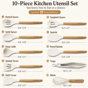 HENKELIVING 10 Pcs Silicone Cooking Utensils Set - BPA Free, Heat-Resistant Wood Handles, Non-Scratch Spatulas for Nonstick Cookware