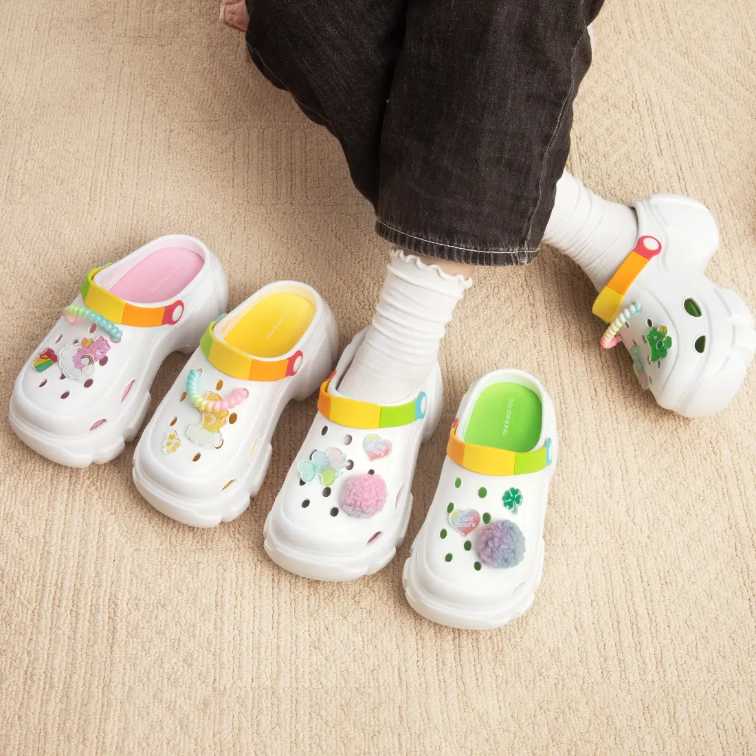 Care Bears Women's EVA Platform Clogs - 5cm Heel, Cute Pom Poms, Adjustable Strap, Anti-Slip Waterproof, Breathable Holes, Lightweight, Thick Support, All-Season Casual Footwear, Back To School, Eva Foam