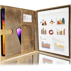 Leather A4 Conference Folder Professional Organizer for Men and Women Handmade Durable Leather Portfolio with Sleeves for Documents and Notepad (Brown)