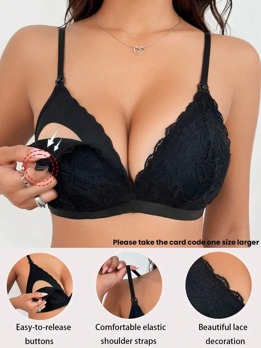 Ellie Maternity Solid Color Lace Trim Nursing Bra (No Padding) (Please Order One Size Up)