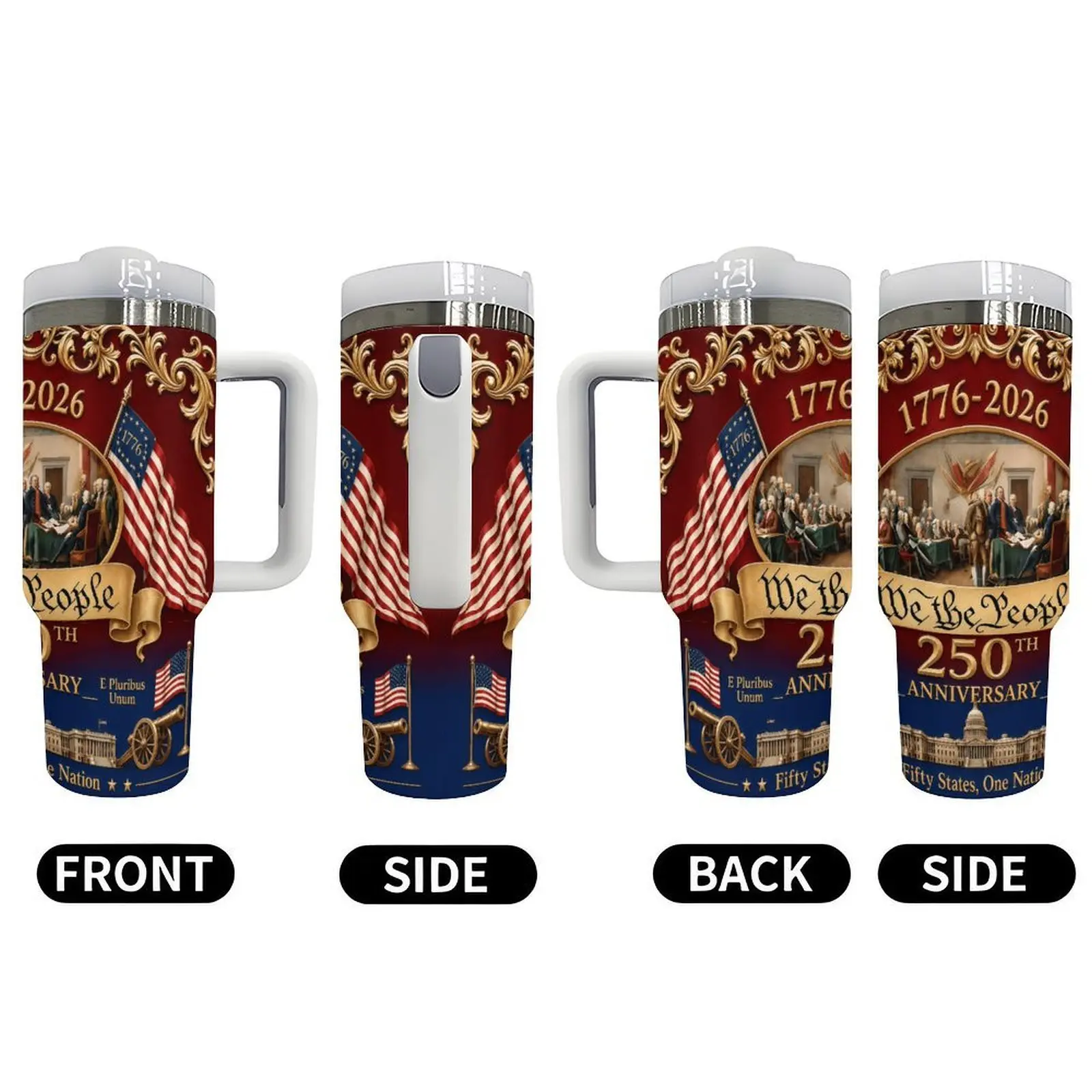 250th American Anniversary We The People Patriotic Insulated Travel Tumbler Flask - 40oz/30oz Double Wall Stainless Steel Drinkware, Leakproof, Insulation for Hot & Cold Retention, Ideal for Car/Outdoor Use, Holiday Gift, Flasks