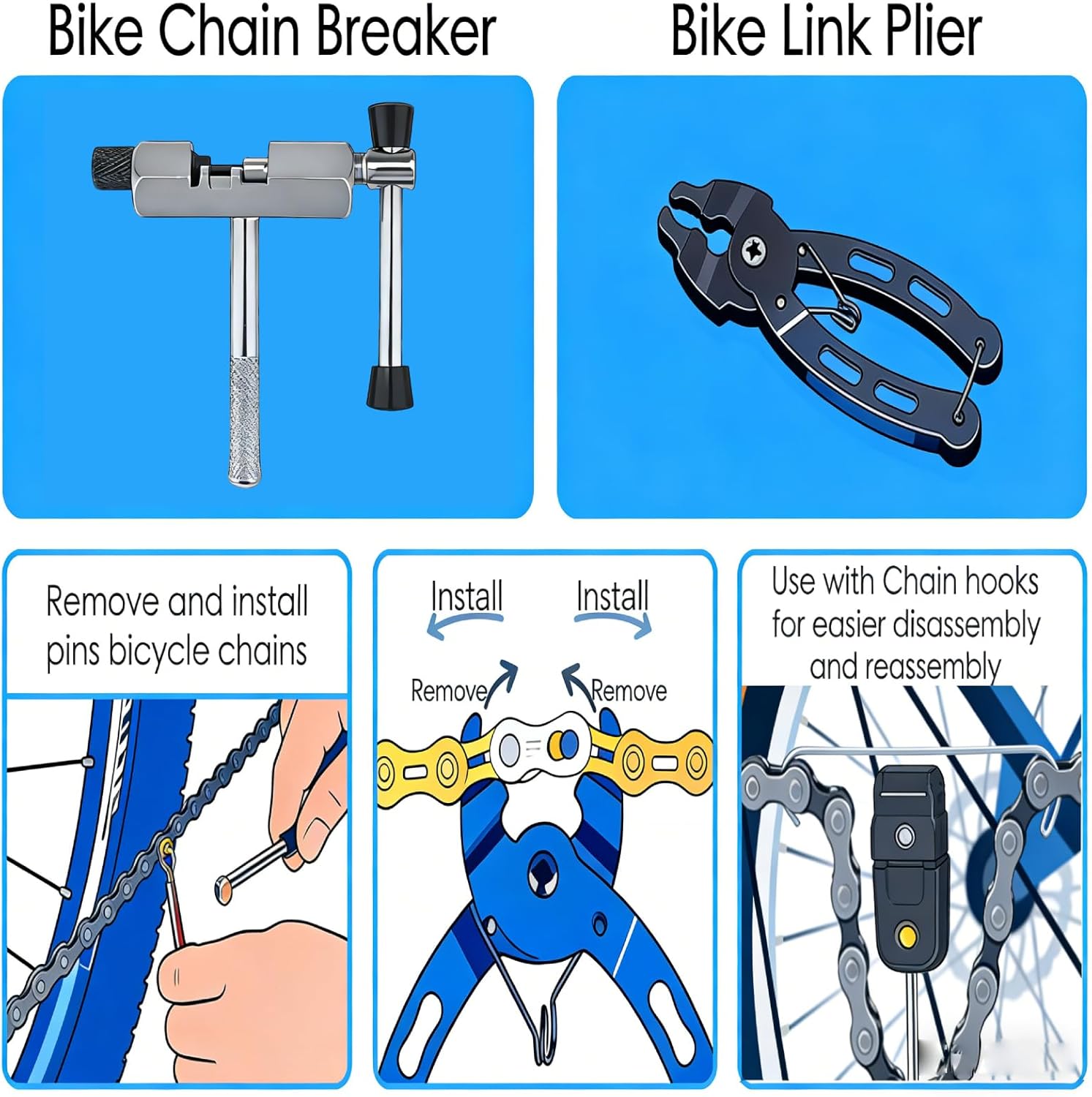 9Pcs Bicycle Repair Tool Kit Professional Bike Repair Tools Set  for Mountain Bike with 3-in-1 Cassette Remover Wrench Crank Puller Extractor Bottom Bracket Freewheel Remover Link Pliers Chain Breaker