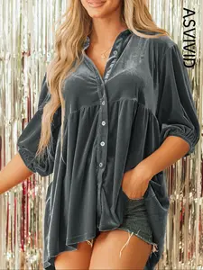 Women's Plain Bishop Sleeve Button Front High Low Hem Velvet Shirt, Casual Half Sleeve Collared Blouse Tunic for Spring & Fall, Ladies Clothes for Daily Wear