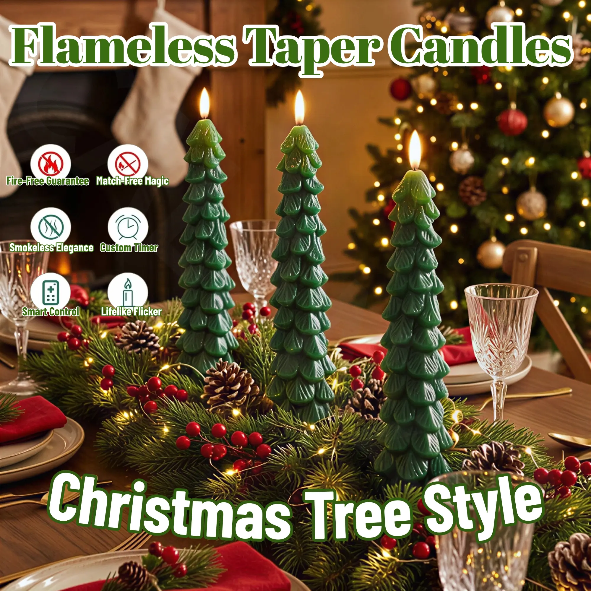 Christmas Tree Flameless Taper Candles Flameless Window Candles with Remote Timer, 11.8" Battery Operated 3D Wick LED Flickering Taper Candle for Home, Wedding,christmas decorations