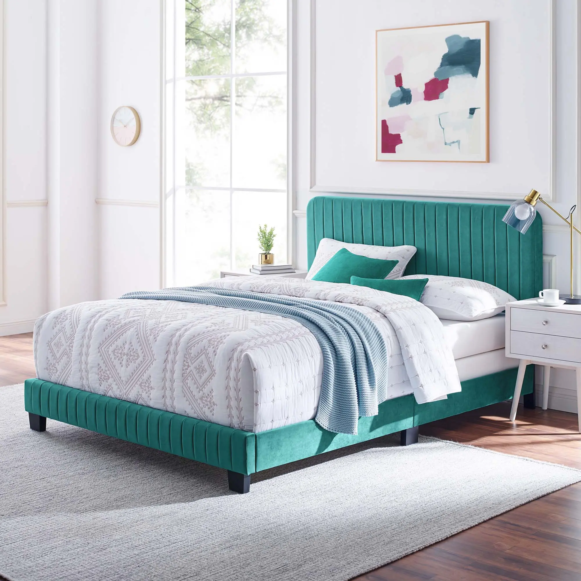 Modway Celine Channel Tufted Performance Velvet King Bed in Teal