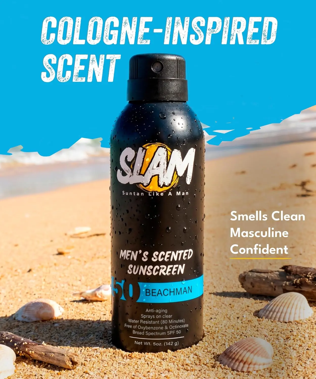 SLAM Beachman Men’s SPF 50 Sunscreen Spray Lotion – Aroma Scented, Hydrating Lightweight Water-Resistant Face & Body Sun Protection