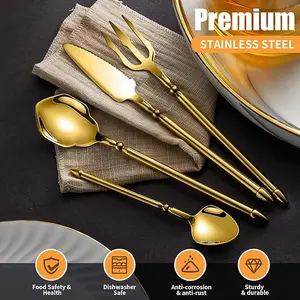 Christmas Stainless Steel Gold Cutlery Set 18pcs Mirror Polished Dinnerware Service Set for 4 Servings Durable Dishwasher Safe Western Cutlery Set with Stylish Print Tableware Kit