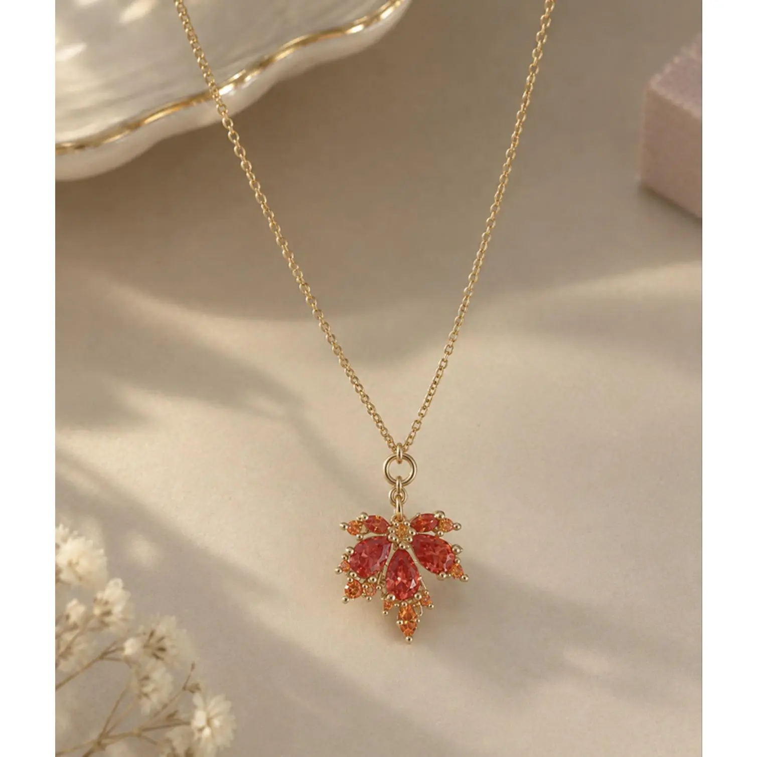 18K Gold Plated Cubic Zirconia Autumn Necklace with Leaf Design for Women