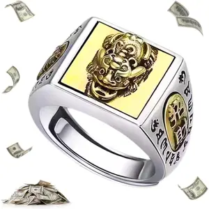 HETICA Feng Shui Pixiu Mantra Anillo, Adjustable Wealth Protection Good Luck Money Amulet, Buddhist Wide Surface Ring