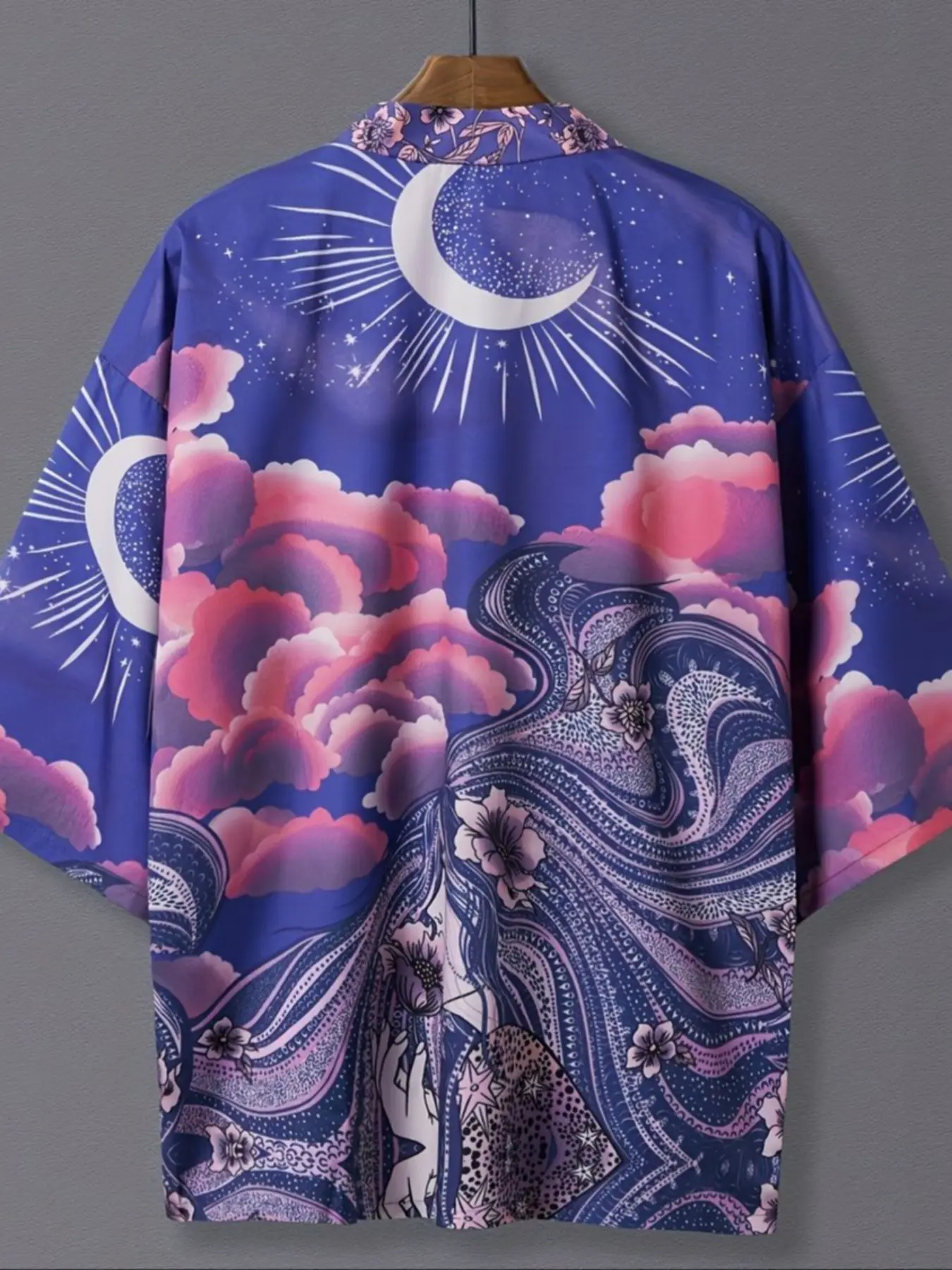 Elegant Vintage Japanese Moon Print Kimono Jacket, Women's Ethnic Style Beach Vacation Short Top Coat Shawl Shirt