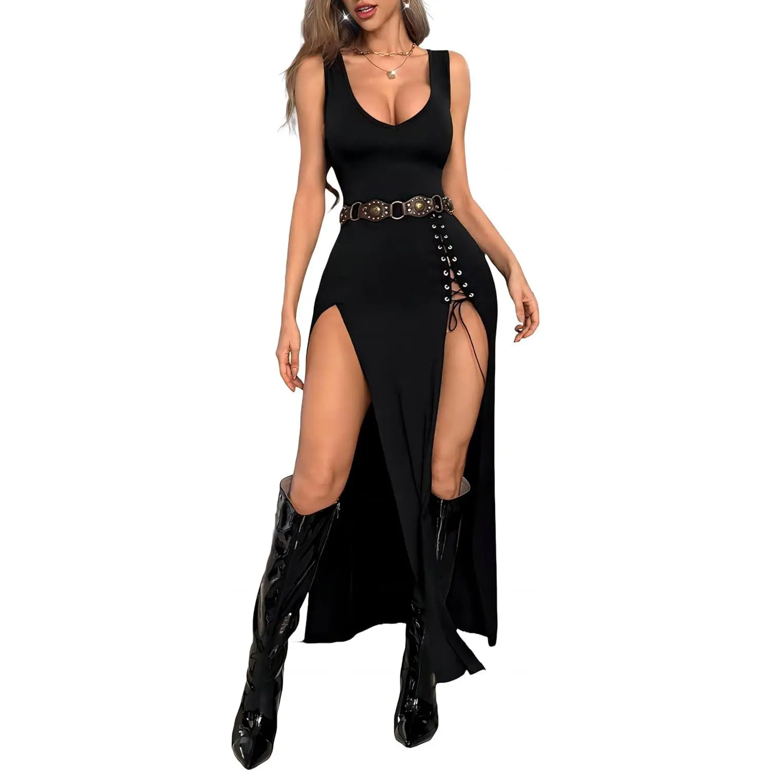 Women's Vintage Goth Maxi Dress, Soft Long Sleeve V-Neck with High Slit and Eyelet Detail, Flattering Casual Party Apparel, Fabrics, Fit, Everyday, Gothic, Dark Feminine Aesthetic, Eyelets, Garment, Breathable, Lady, Clothes, Comfortable, Style, Piece, Ma