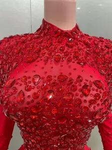 Women's Solid Long-Sleeve Turtleneck Formal Dress - Premium Fabric, Slim Mermaid Silhouette, Red Crystal Feather Accents, Sexy Chic Dramatic Body-Con Option for Prom, Wedding Guest, Party Events, Prom Dress, Wedding Guest Dresses
