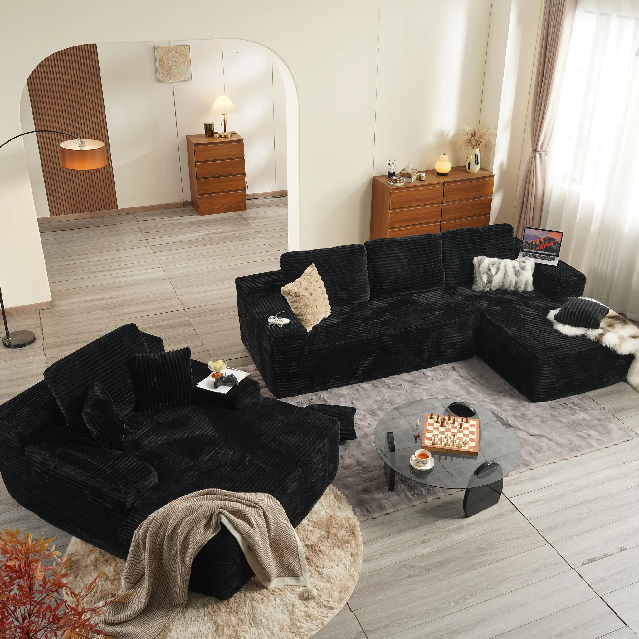 Plush Corduroy Black Right Facing Chaise