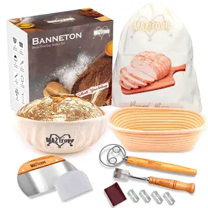 Bread Proofing Rattan Baskets Gift Set of 2, 10 inch Oval + 9 inch Round Smooth Handmade Bannetons breadbaskets Bakeware Utensils with Baking Kit with Tutorials - Supplies for Sourdough silicone mold