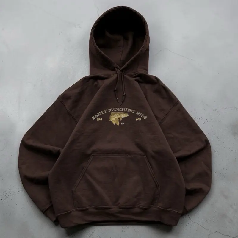 Brown Fishing Graphic Hoodie, Early Morning Rise Trout Sweatshirt, Vintage Outdoor Streetwear, Fisherman Gift, Cabin Core Skate Clothing, Earth Tone Skater Outfit, Baggy Fit Pullover, Casual Fall, Y2K... comfortable hoodie