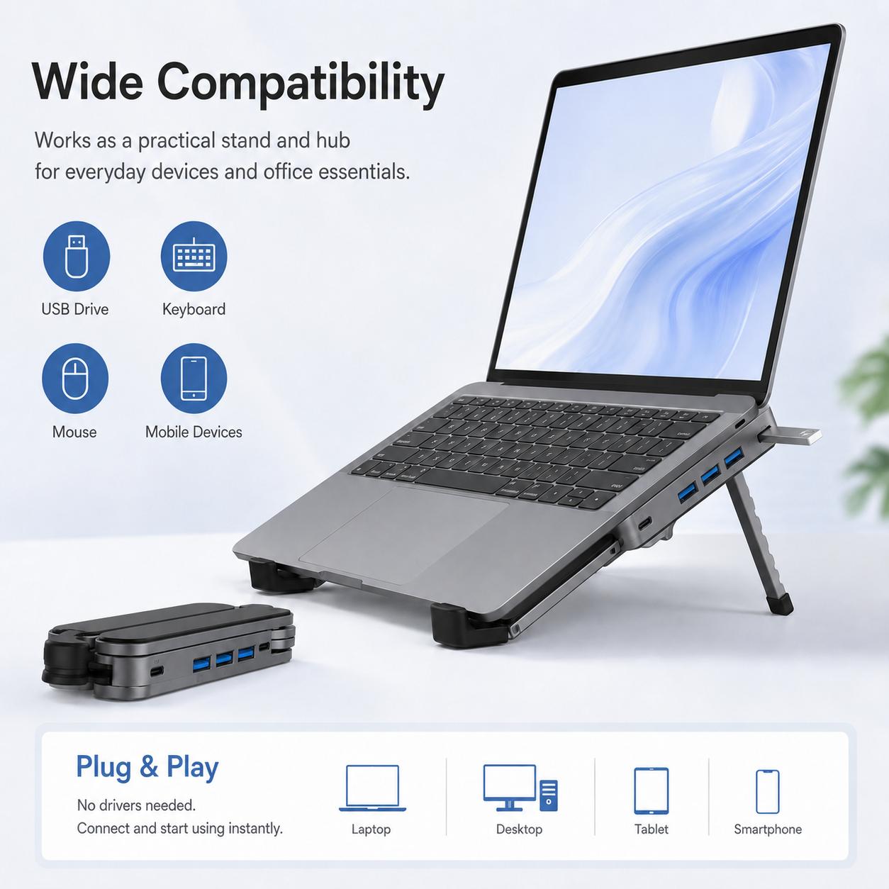 Gunmetal Laptop Stand with Foldable USB Hub, Adjustable Ergonomic Desk Riser, Multi-Port Expansion for MacBook, PC, Tablets & Travel Use