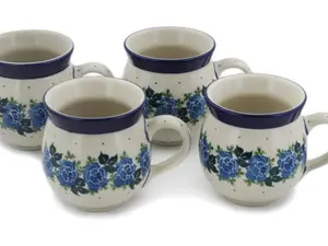 Polish Pottery Set of Four 12 oz Bubble Mugs Blue Rose