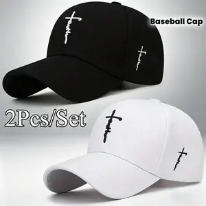2 Pack Baseball Caps Unisex Trendy Black & White Hats Cross Embroidery Streetwear Breathable Lightweight Adjustable Fit Durable Duckbill Brim for Outdoor Sports Travel Daily Wear