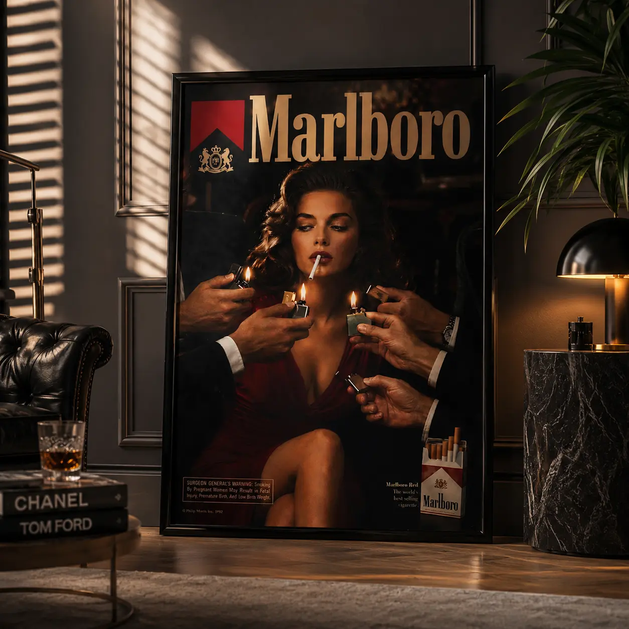 1990s Vintage Cigarette Advertisement Artistic Canvas Painting, Nostalgic Red Wall Decor, Dark Aesthetic Home Decor Gift for Bars & Living Rooms