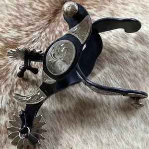 Pair Adult Size Black Steel Western Jingle Bob Spurs Engraved Silver Accents