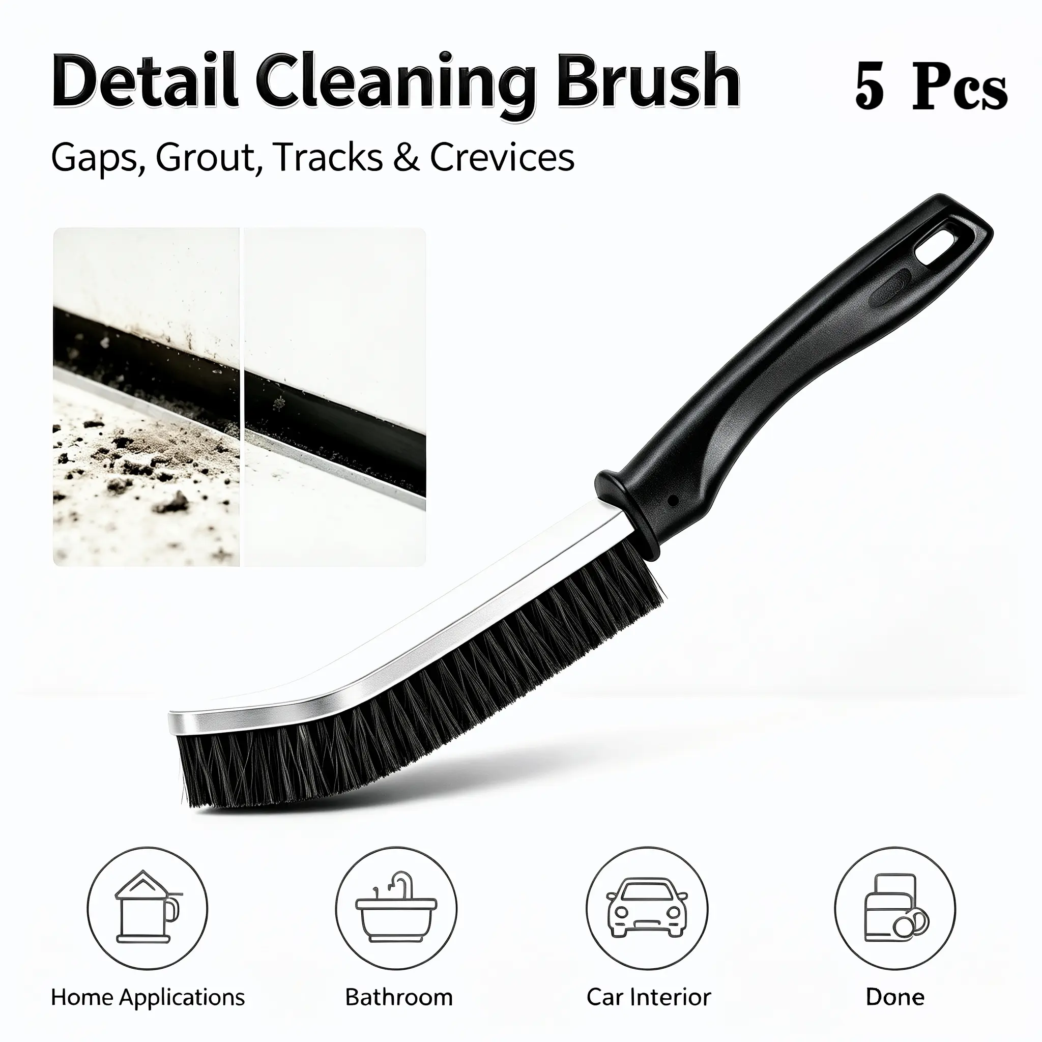 5-Pcs Household Products Stiff-Bristle Brush Set - 5 Different Shaped Brushes, Reinforced PP Handle, Hanging Hole, for Deep Cleaning Bathroom, Kitchen Gaps, Tile Surfaces