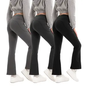 3PCS Fleece-Lined Women's Slim High Waist Pocket Flare Leg Pants Leggings, Groove Outfits, Casual Comfy High Stretch Seamless Bell Bottom Yoga Workout Gym Sports Trousers