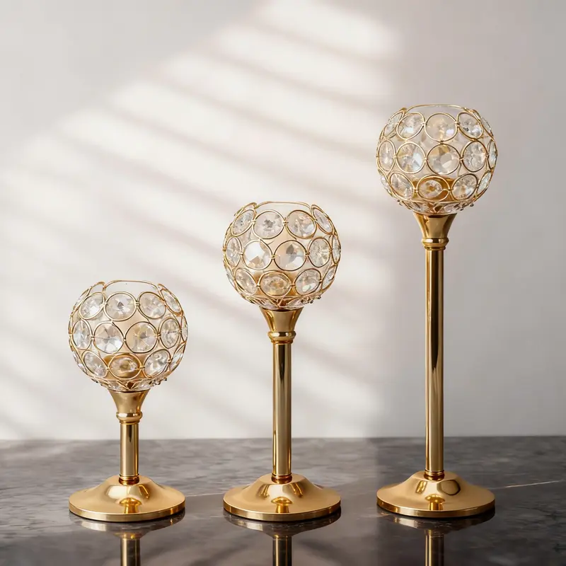Set of 3 Rose Gold/Silver Crystal Candle Holders, Candle Holder Centerpieces for Weddings, Parties & Events, Home & Dining Table Decor, Metal Candle Holder (Candles Not Included)