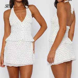 Women Y2K Polka Dot Skirt Set 2 Piece Outfit Backless Halter Neck Peplum Tank Top and Mini Skirt Streetwear