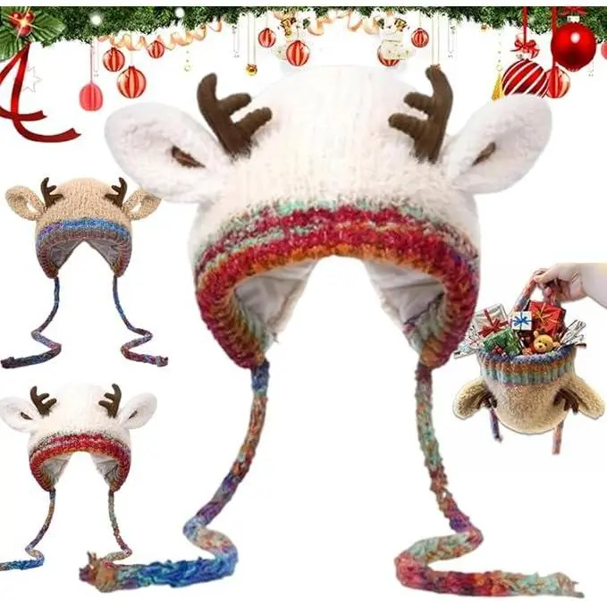 Unisex Christmas Antler Knit Fabric Hat - Convertible Handbag Style Fashion Accessory for Kids, Cold Resistant, Warm Windproof with Ear Protection