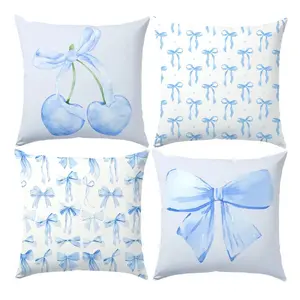 45cm Pink Blue Bow Throw Pillow Cover,bows Cherries Design  Single Printed Pillowcase for Home Sofa Pillow Decor Gifts No Insert