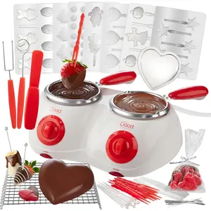 Dual Electric Chocolate Melting Pot Set - Father's Day Brunch Fondue & Candy Kit w/ 30 Bonus Accessories - Dip, Drizzle, Decorate Strawberries & Marshmallows - Appetizers & Desserts