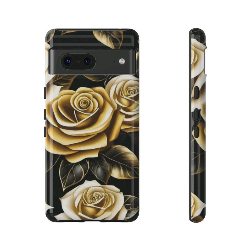 Elegant Black and Gold Roses Phone Case - Stylish Protection for Samsung Galaxy, iPhone, Google Pixel phones, Cellphone Accessories, Wireless Cover, Handheld Protective, iPhone Case, Samsung Galaxy Case, Google Pixel Case Shell Golden Shockproof Casing